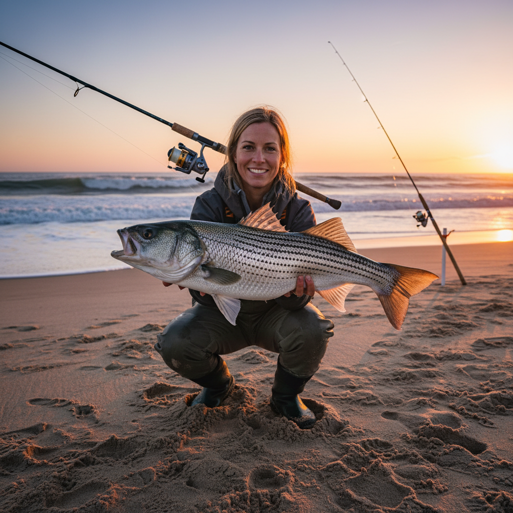 Surfcasting from beach for striped bass