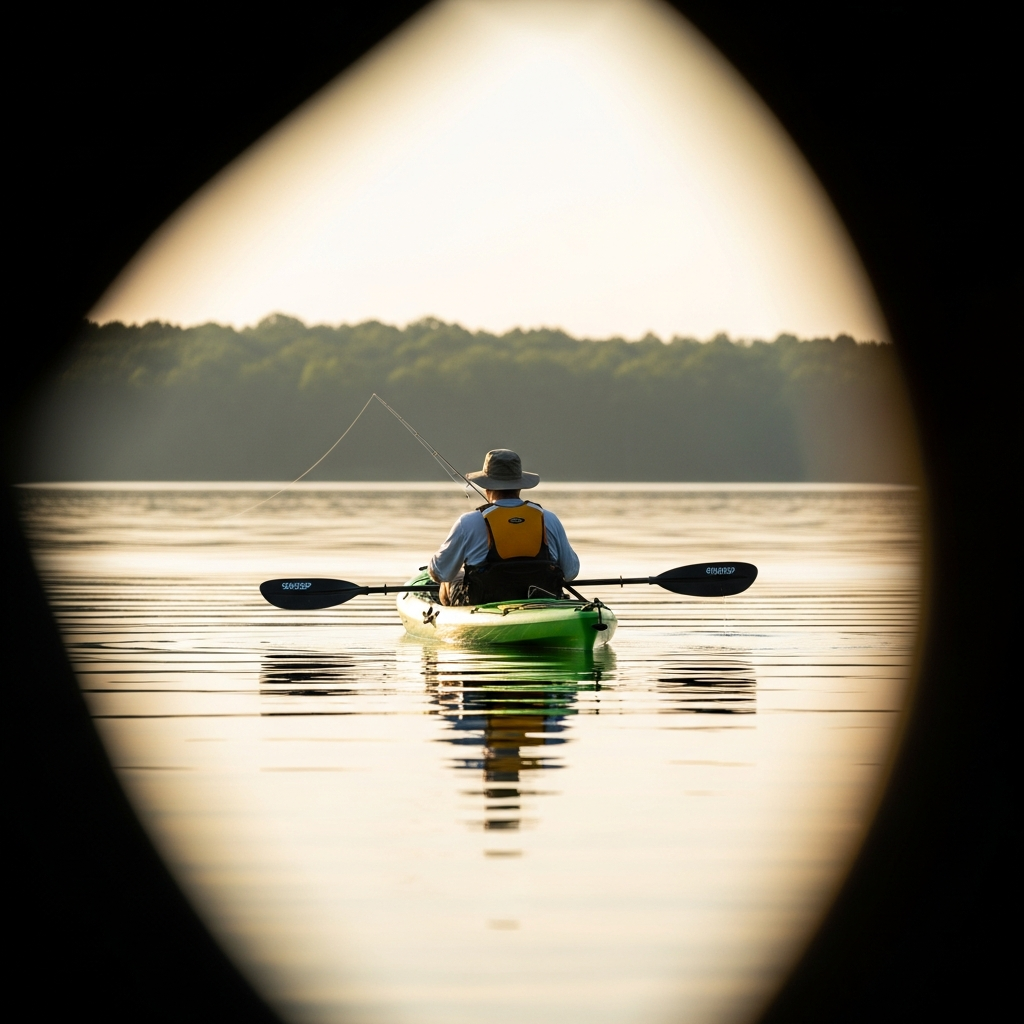 Kayak fisherman using electronics on the water