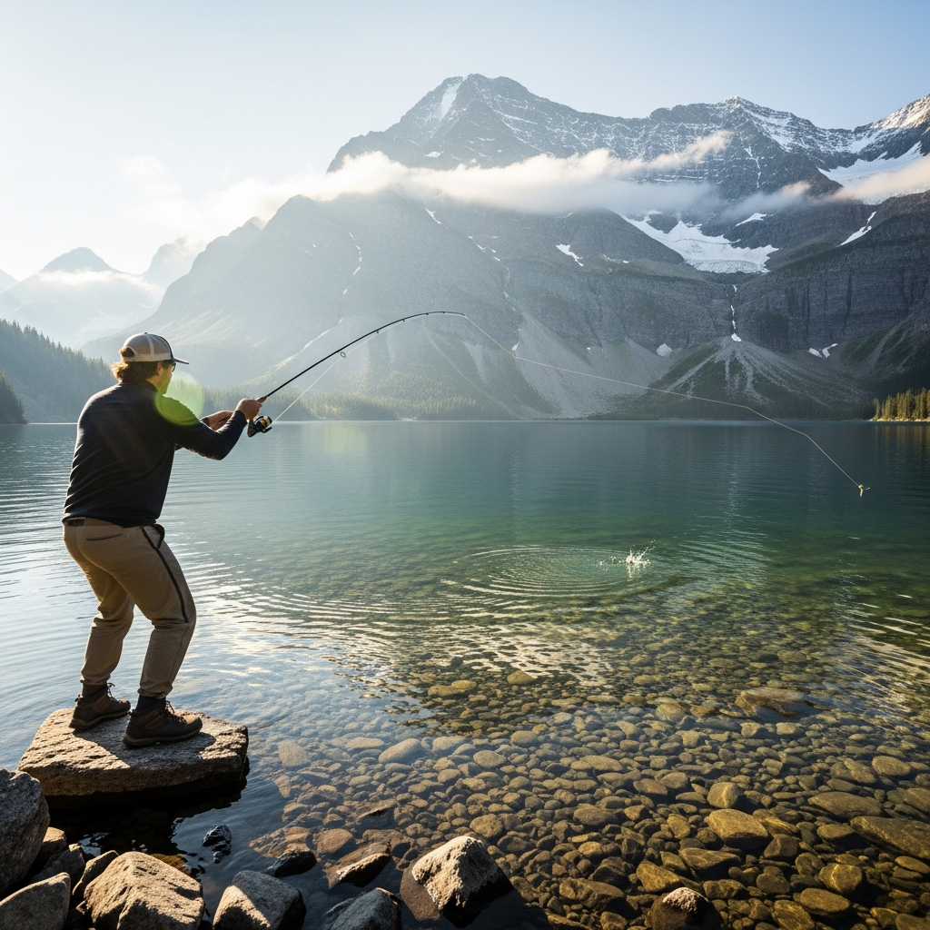 Angler fishing at scenic mountain lake