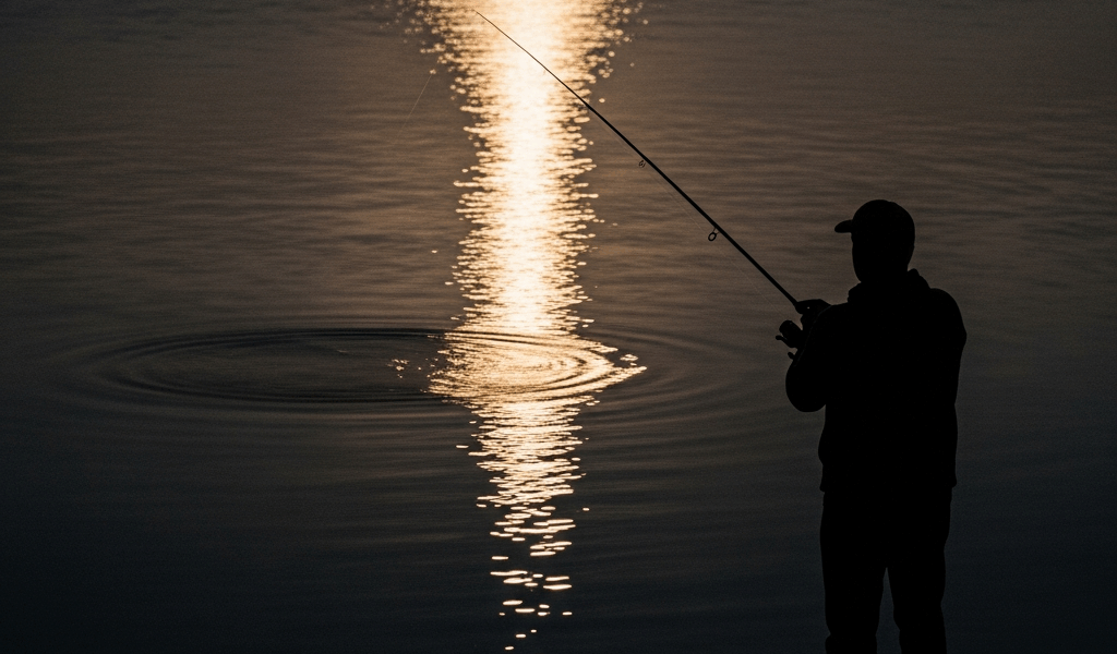 angler fishing at night from shore of a lake with moonlight 20260331 094034