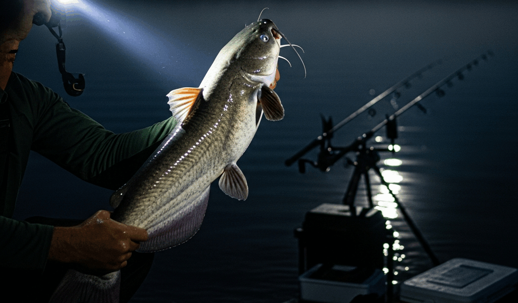 catfish caught at night being held near water by flashlight 20260331 094042
