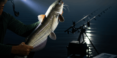 catfish caught at night being held near water by flashlight 20260331 094042