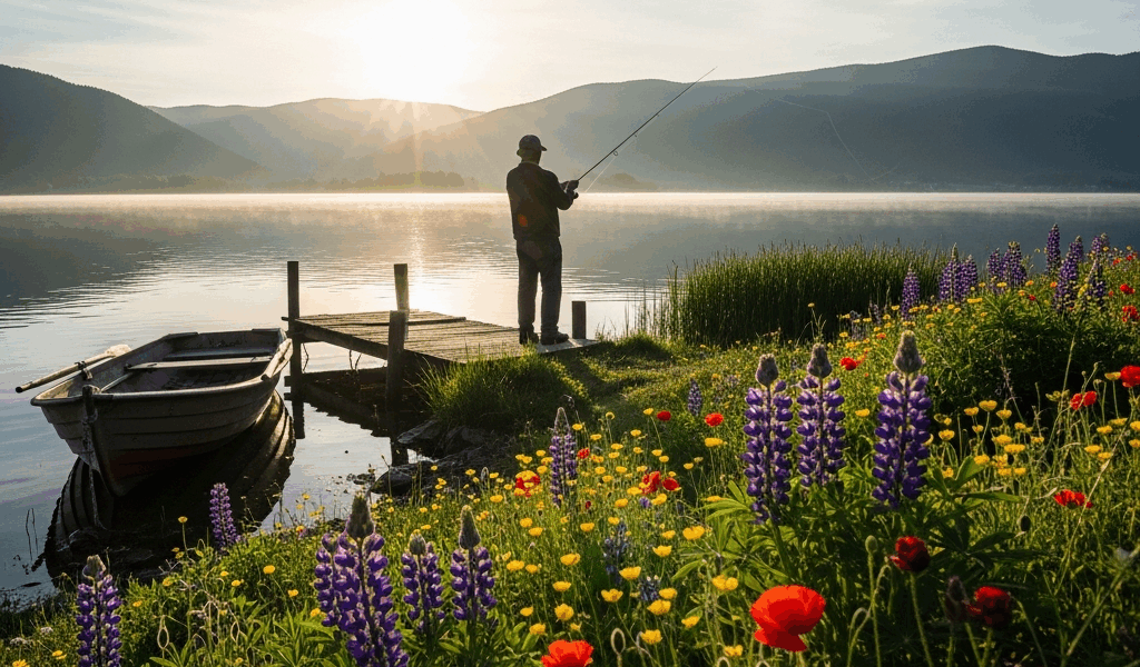 scenic freshwater lake fishing spot with spring wildflowers