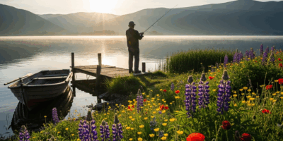 scenic freshwater lake fishing spot with spring wildflowers