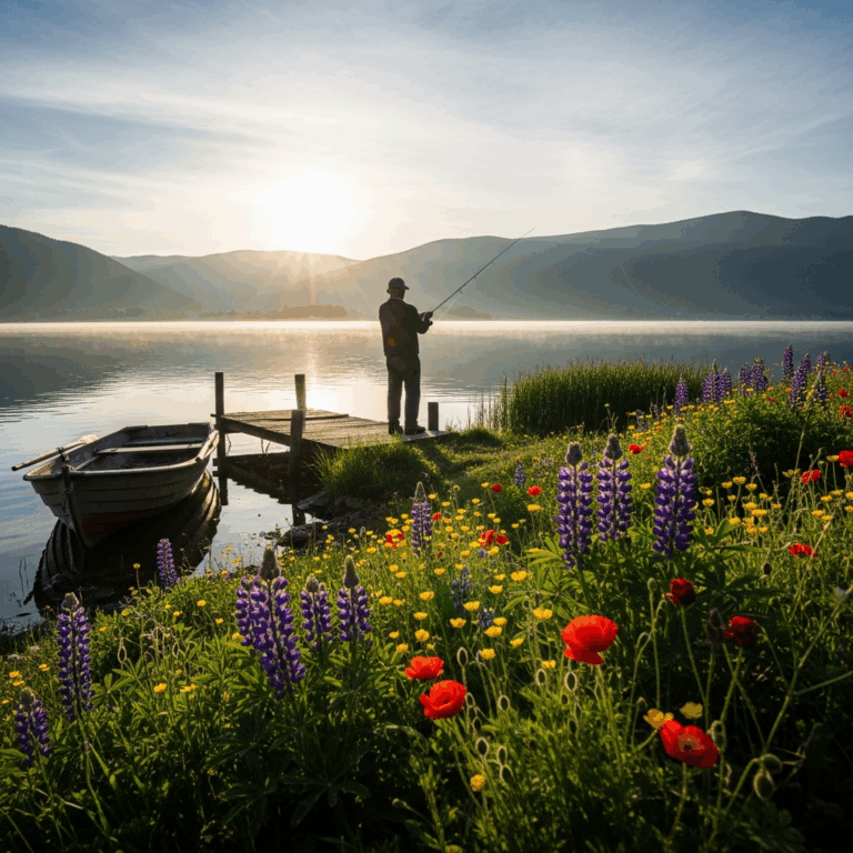 scenic freshwater lake fishing spot with spring wildflowers